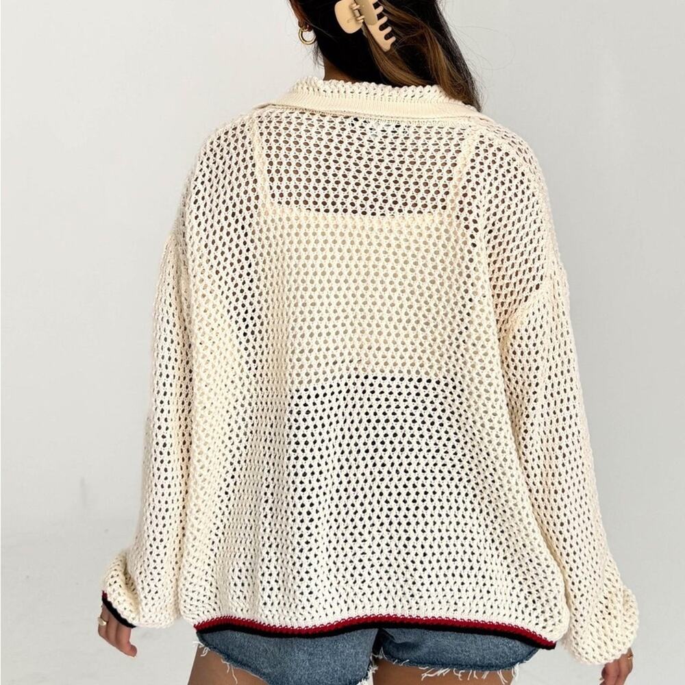 Grey Bandit Elegant Cream Cardigan with Red and Black Accents Size M - Picture 2 of 6